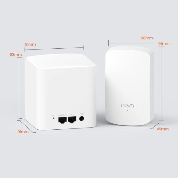 TENDA MW5 3PACK 1 1 1 <strong>AC1200 Whole Home Mesh WiFi System</strong> The Tenda nova MW5 is a whole home mesh WiFi system designed for larger households with 100 Mbps or greater broadband services. Powered by Tenda's mesh technology, each node automatically connects to the other, creating a distributed network throughout your entire home. A 3-pack of MW5 covers up to 3500 square feet . The primary node features gigabit ports, getting the most out of your 100 Mbps or greater broadband service and ensuring smooth playback of 4K videos. And the wall-plug secondary node automatically connects to your existing Mesh network with pre-paired configuration, making setup a breeze.