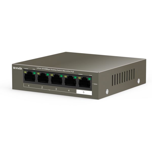 TENDA TEF1105P 4 63W 1 1 Ports 1-4 comply with the IEEE802.3af and IEEE802.3at power supply standards. The entire switch offers a maximum PoE power output of 58W, whereas each port offers a maximum PoE power output of 30W. The ports can be used to supply power to and exchange data with APs and IP cameras.