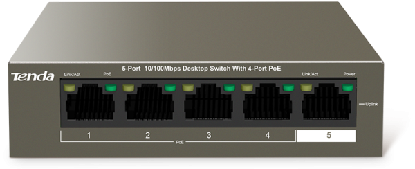 TENDA TEF1105P 4 63W Ports 1-4 comply with the IEEE802.3af and IEEE802.3at power supply standards. The entire switch offers a maximum PoE power output of 58W, whereas each port offers a maximum PoE power output of 30W. The ports can be used to supply power to and exchange data with APs and IP cameras.