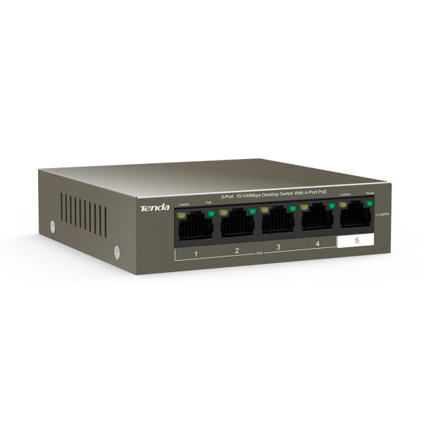 TENDA TEF1105P 4 63W Ports 1-4 comply with the IEEE802.3af and IEEE802.3at power supply standards. The entire switch offers a maximum PoE power output of 58W, whereas each port offers a maximum PoE power output of 30W. The ports can be used to supply power to and exchange data with APs and IP cameras.