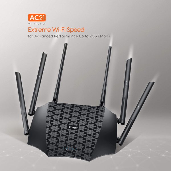 Tenda AC21 AC2100 Mbps Gigabit Dual Band Wi Fi Router 1 1 <h4 id="paragraph">Quick Overview</h4> <div class="short-desc-attr"> <ul class="mt-2 mb-2 category-info"> <li class="card-text p-0 m-0 fw-normal context">Router Type - Wireless & Ethernet</li> <li class="card-text p-0 m-0 fw-normal context">Antenna (Type & Qty) - 6 x 6dBi external antennas</li> <li class="card-text p-0 m-0 fw-normal context">Band - Dual</li> <li class="card-text p-0 m-0 fw-normal context">WiFi Coverage (Approximate) - Up to 2500 sq. ft.</li> </ul> </div>