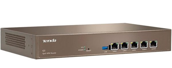 Tenda G3 Wireless Router <strong>Tenda G3 Wireless Repeater QoS VPN Router | G3</strong> <ul> <li>Wireless N8000Mbps</li> <li>2.4 GHz Frequency</li> <li>Interface 1-4x GE WAN, 4-1x GE LAN & 1x USB</li> <li>AC function & multiple operation modes of router mode and bridge mode</li> <li>Working Mode manage 8 access points and offers capacity for 120 networking devices</li> </ul>