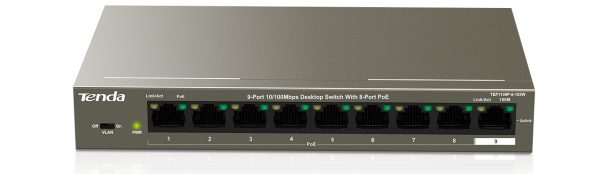 Tenda TEF1109P 8 102W is a Tenda switch <h3>What's Special for TEF1109P-8-102W : Simple Port VLAN Setup</h3> With VLAN Mode on , ports 1 to 8 are isolated from each other, enabling the switch to isolate broadcast storm, improving LAN security and data transmission. With the extension technology,data can be transmitted through 250 meters cable which would be a cost-effective replacement for extenders and optical fibers.