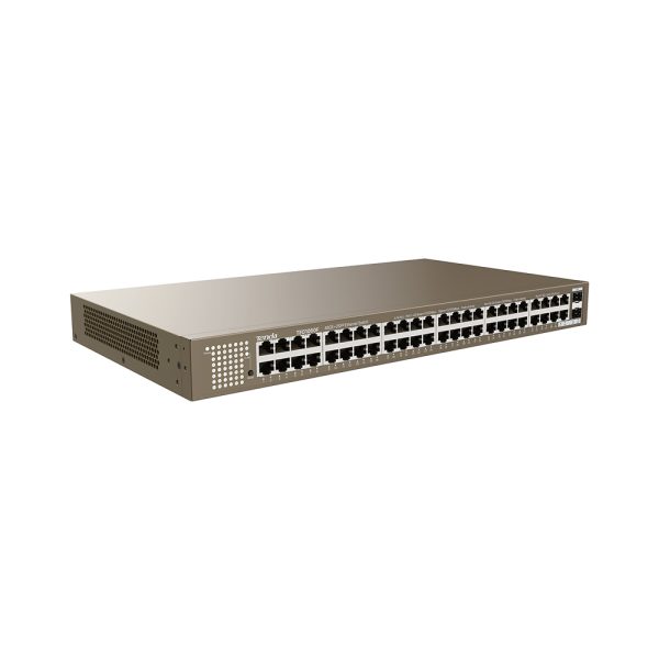 Tenda TEG1050F <h3>No need for cascading with sufficient ports Feature wire-speed forwarding for efficient communication</h3> It provides 48 10/100/1000M auto-negotiation RJ45 ports and 2 1000M independent SFP slots,its full-duplex transmission rate can reach 2000 Mbps.<br class="visible-lg visible-md" />Compared with the traditional connection method of cascading two 24-port Gigabit switches, its high-density ports can easily solve the problems of large space occupation and high failure rate encountered in the project.