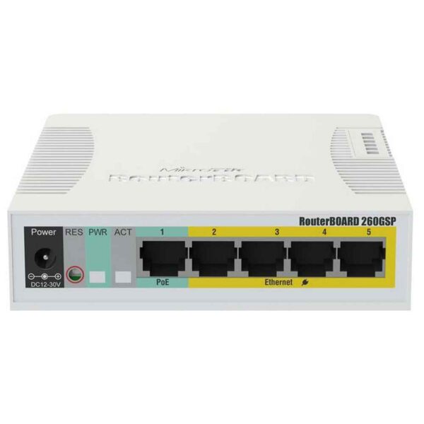 RB260GSP MikroTik Routers and Wireless The RB260GSP is a small SOHO switch, which features power output on it’s ethernet ports. Ports 2-5 can power other PoE capable devices with the same voltage as applied to the unit (passive PoE over datalines only). The RB260GSP has five Gigabit Ethernet ports and one SFP cage, switching is done by an Atheros Switch Chip. The device is running an operating system designed specifically for MikroTik Switch products - SwOS. <div class="clearfix"></div>  